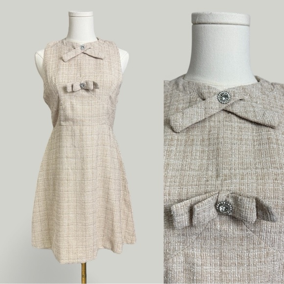 Dresses & Skirts - Cream Dress Women Size Small Tweed Chic Mini with Sleek Silhouette Rhinestone